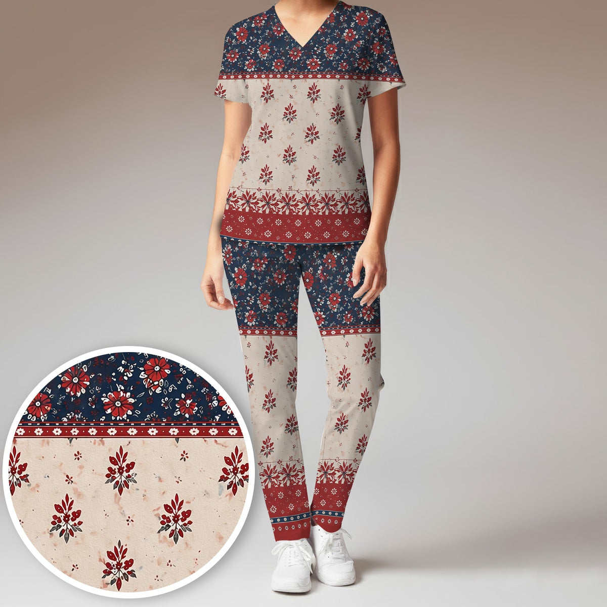 Vintage Floral Border Red Blue Nurse Scrub Set