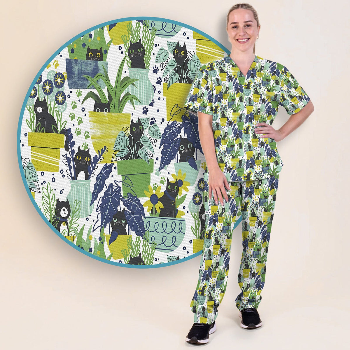 Black Cat Planter Garden Nurse Scrub Set