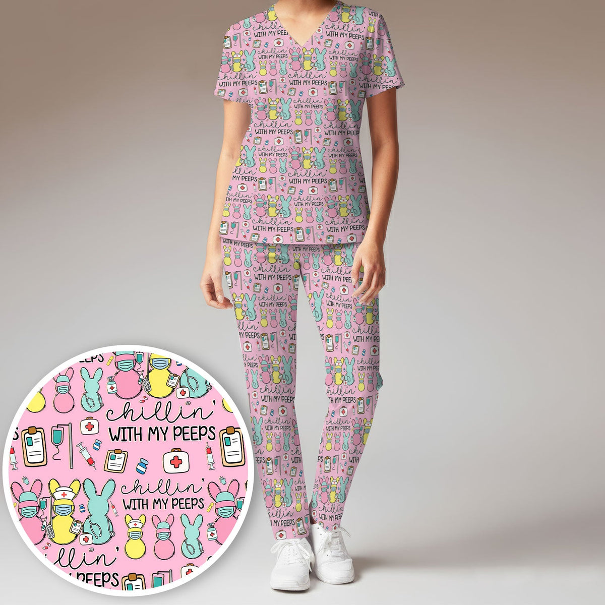 Bunny Nurse Chillin With My Peeps Scrub Set - Easter Gift