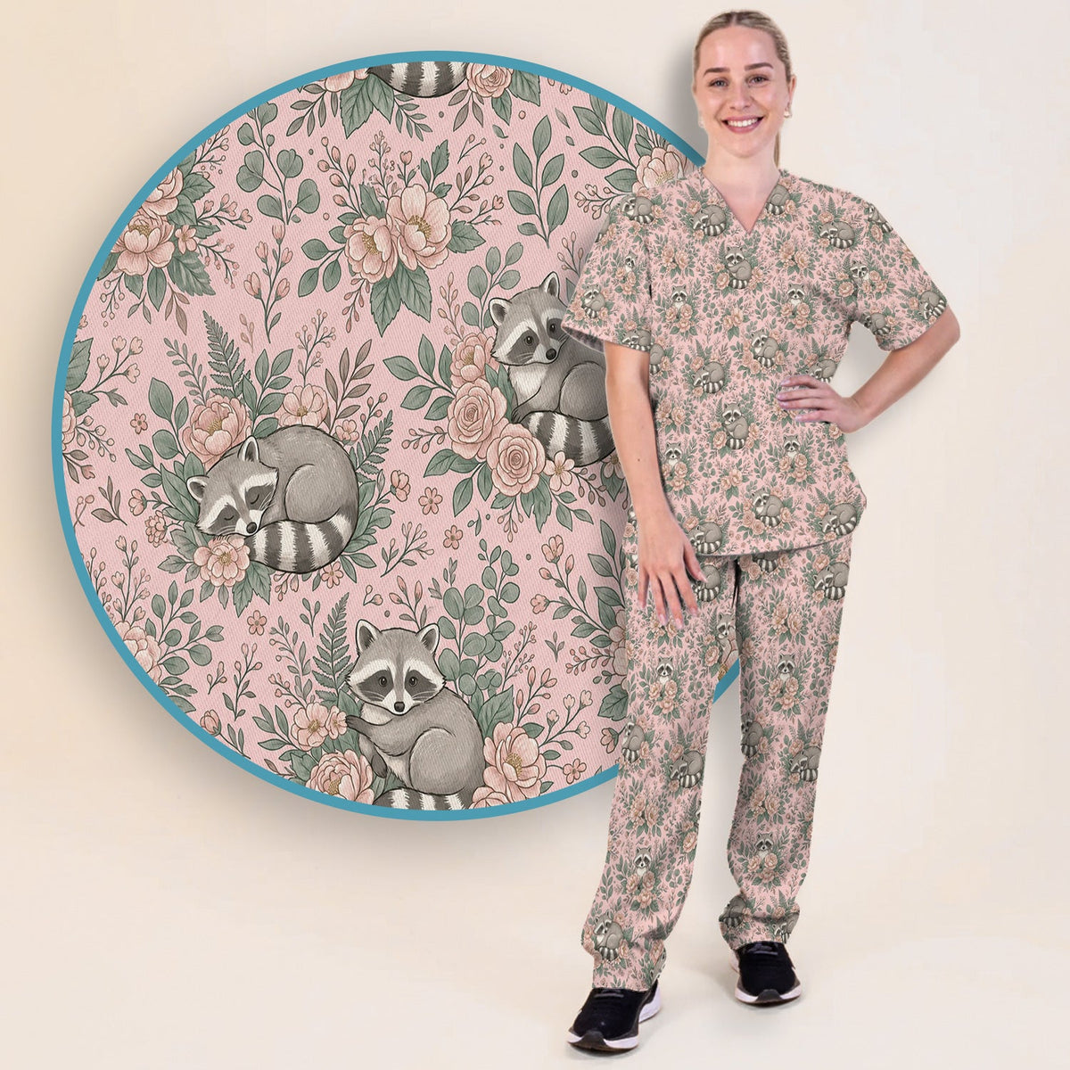 Sleeping Raccoon Rose Garden Nurse Scrub Set
