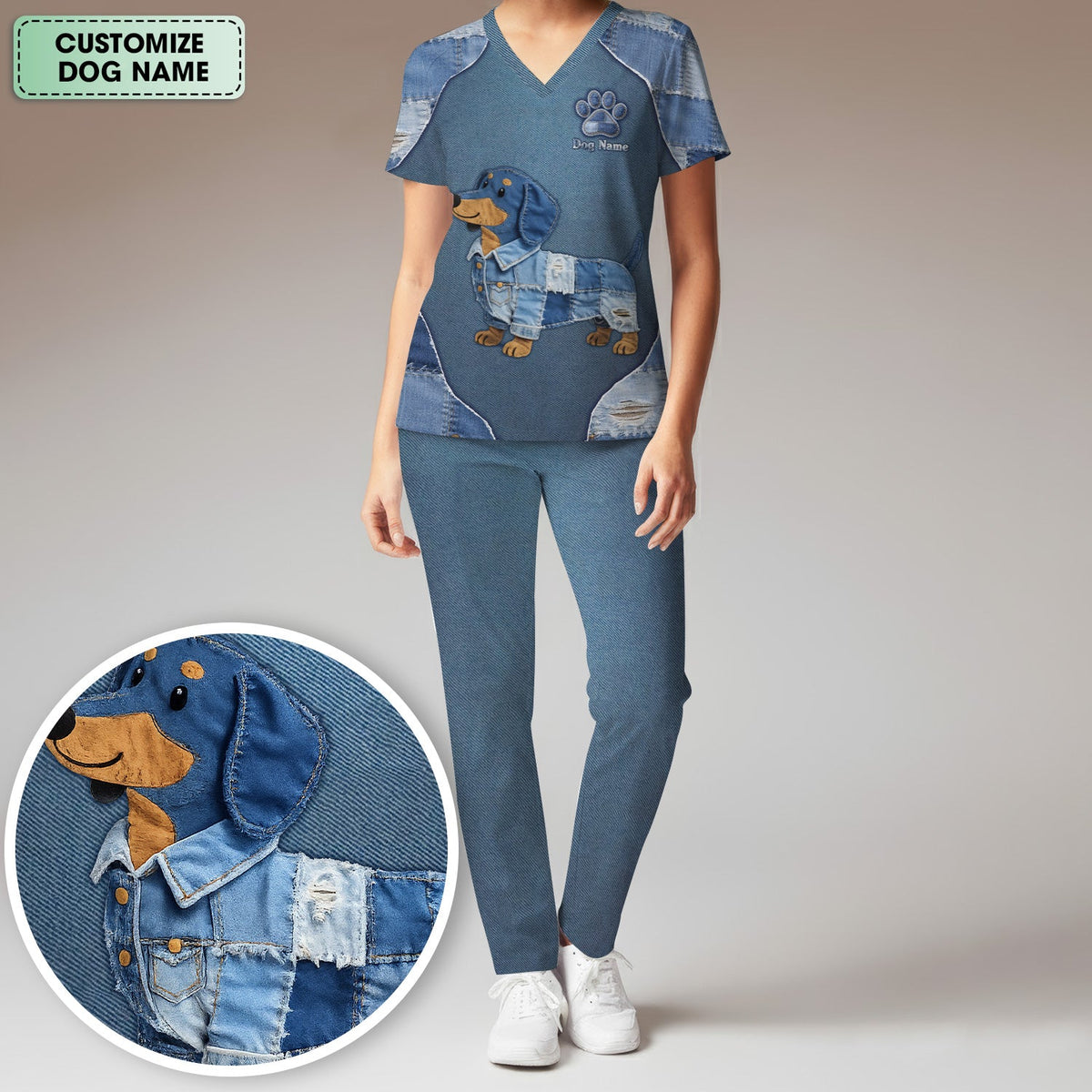 Personalized Denim Dachshund Nurse Scrub Set