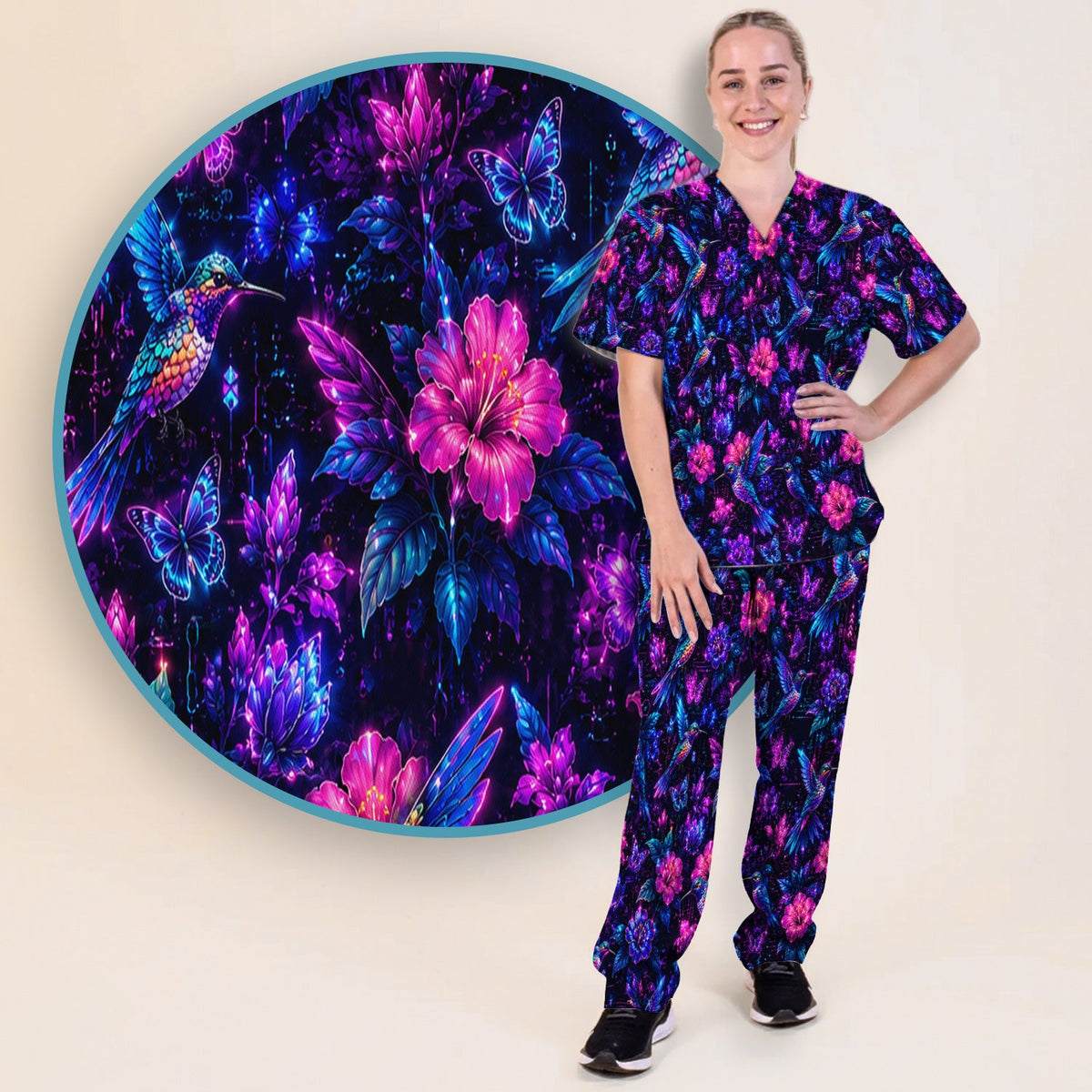 Neon Hummingbird Butterfly Bloom Nurse Scrub Set