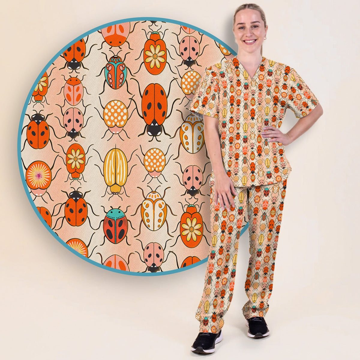 Ladybug Beetle Floral Nurse Scrub Set