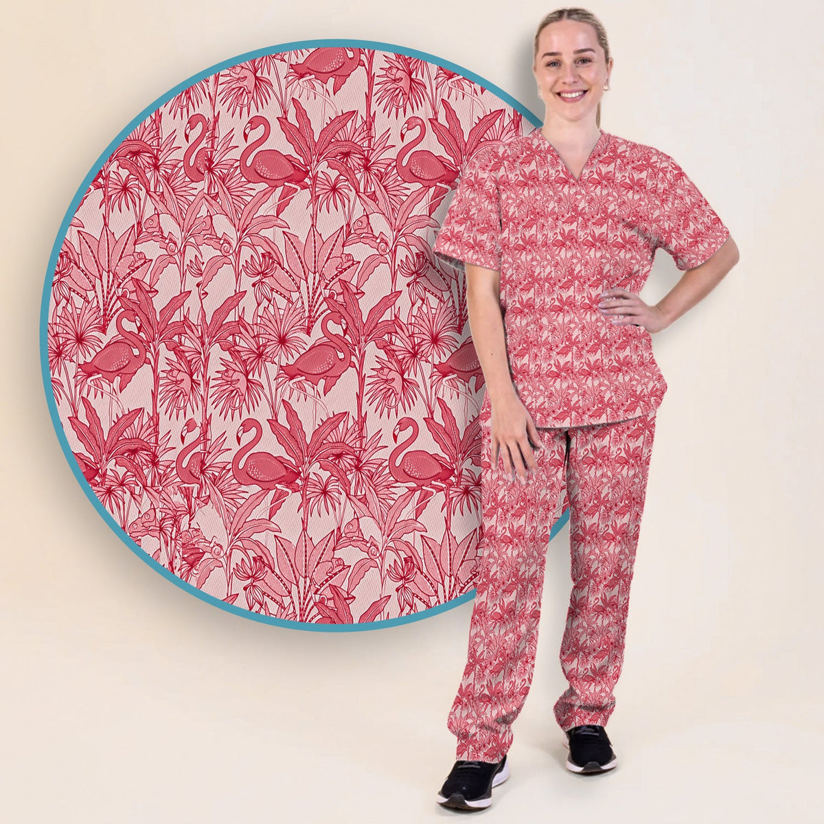 Tropical Flamingo Palm Leaves Nurse Scrub Set
