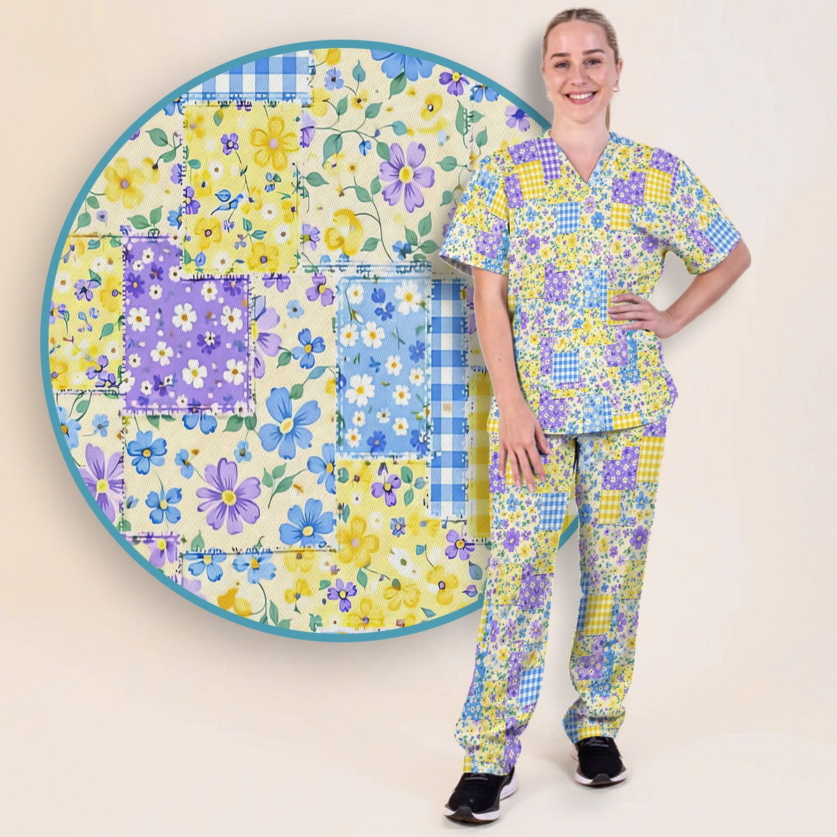 Floral Patchwork Gingham Nurse Scrub Set