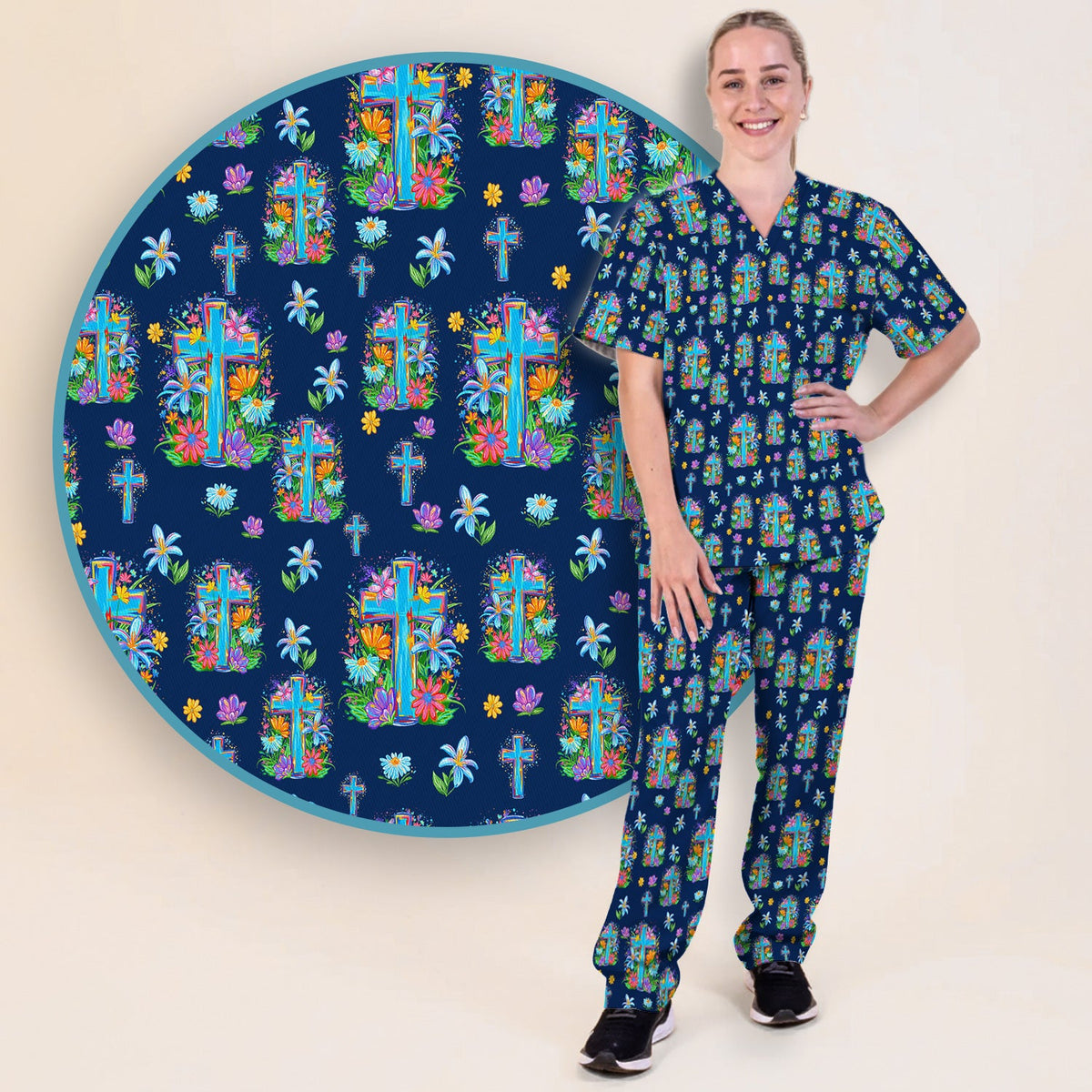 Christian Floral Cross Spring Nurse Scrub Set