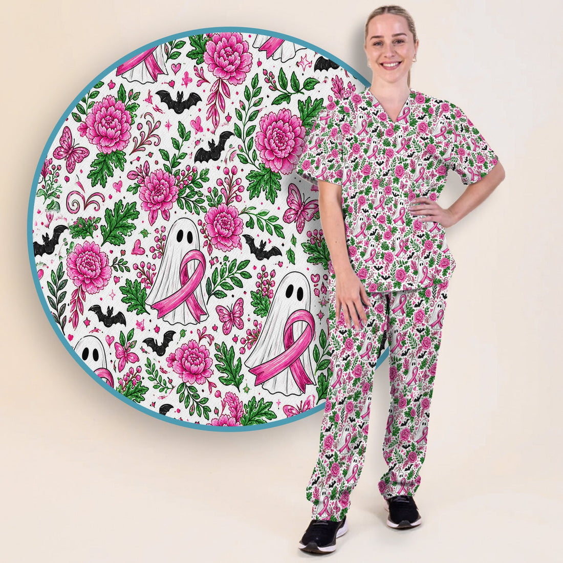 Breast Cancer Awareness Floral Ghost Nurse Scrub Set