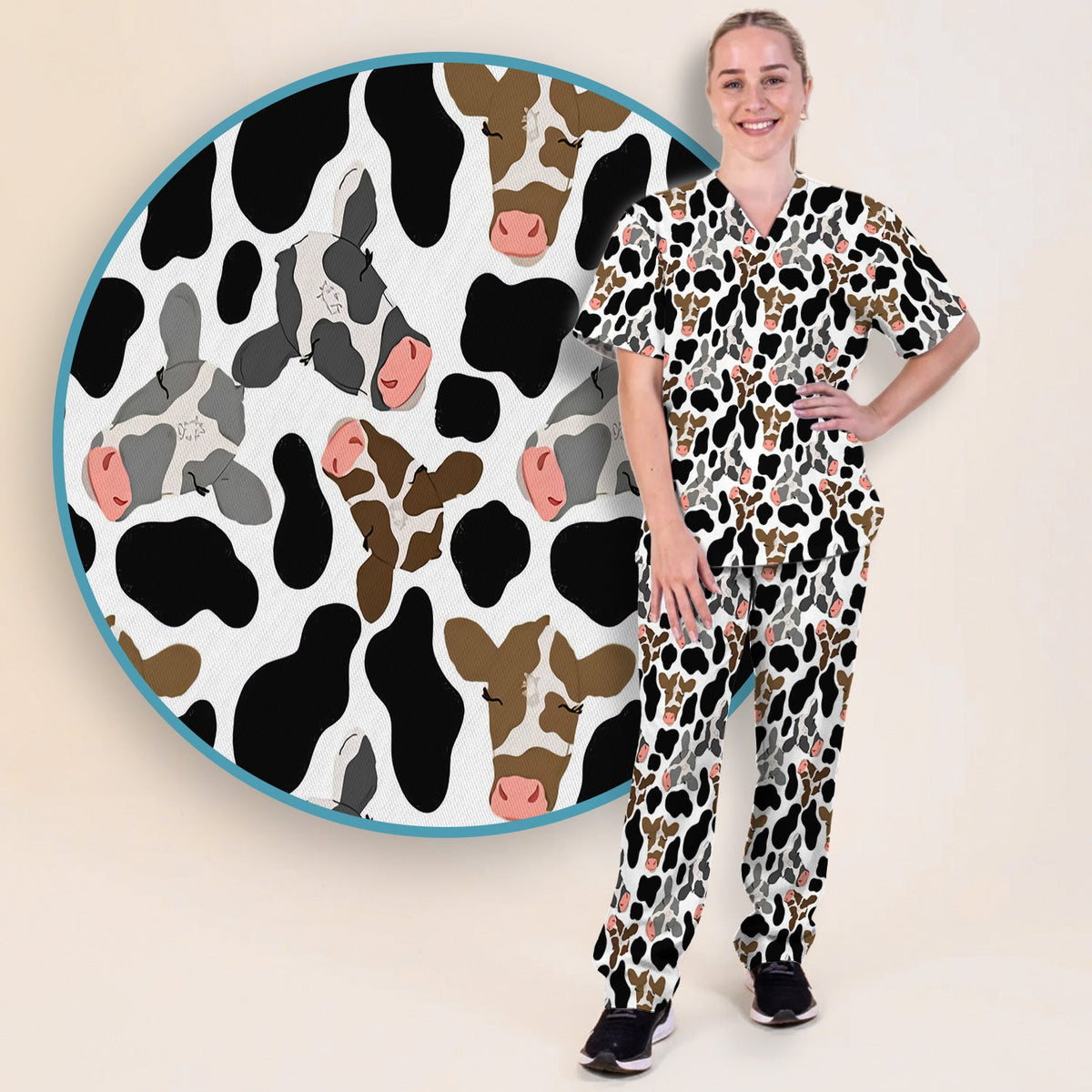 Cow Face Black White Nurse Scrub Set