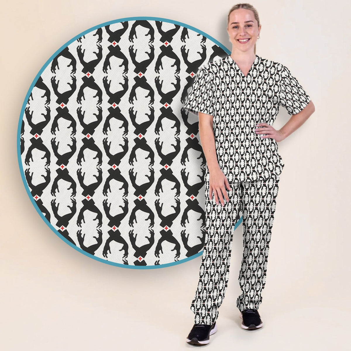 Creepy Hands Black White Red Nurse Scrub Set