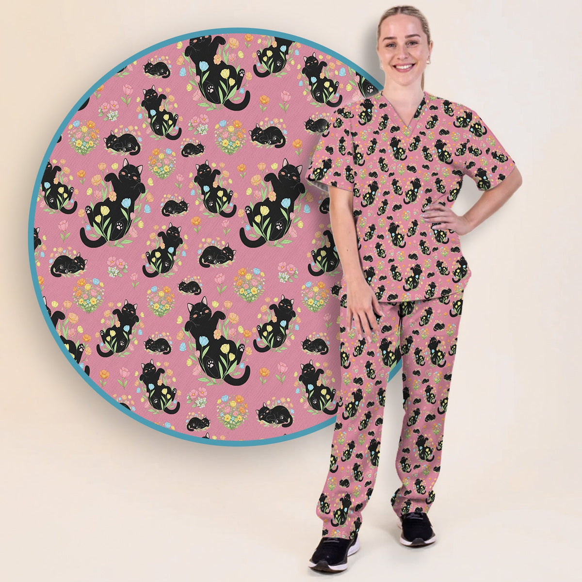 Cats Cute Poses Floral Nurse Scrub Set