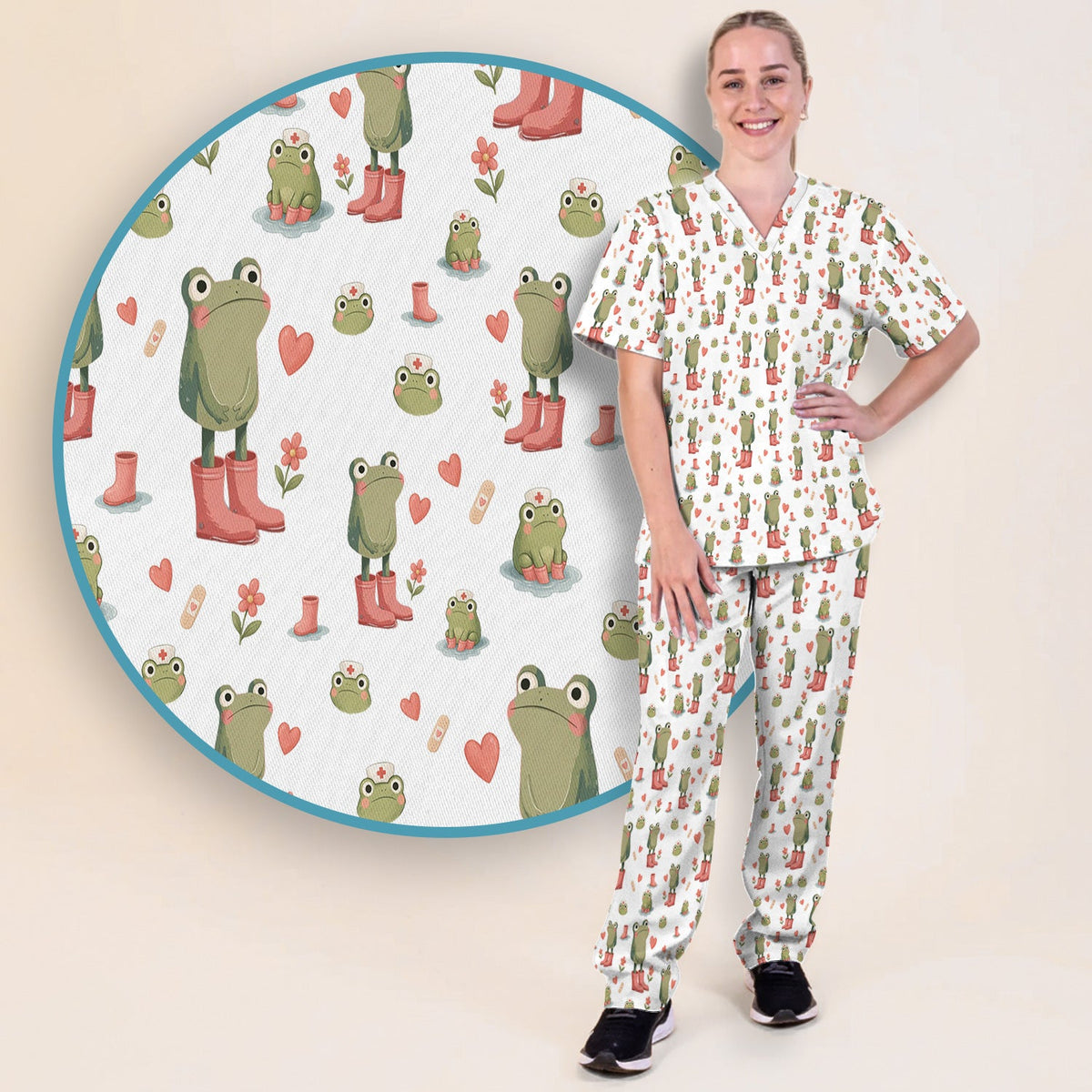 Adorable Frog Boots Heart Nurse Scrub Set