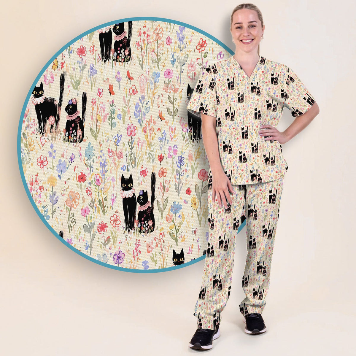 Cute Black Cats Wildflower Garden Nurse Scrub Set