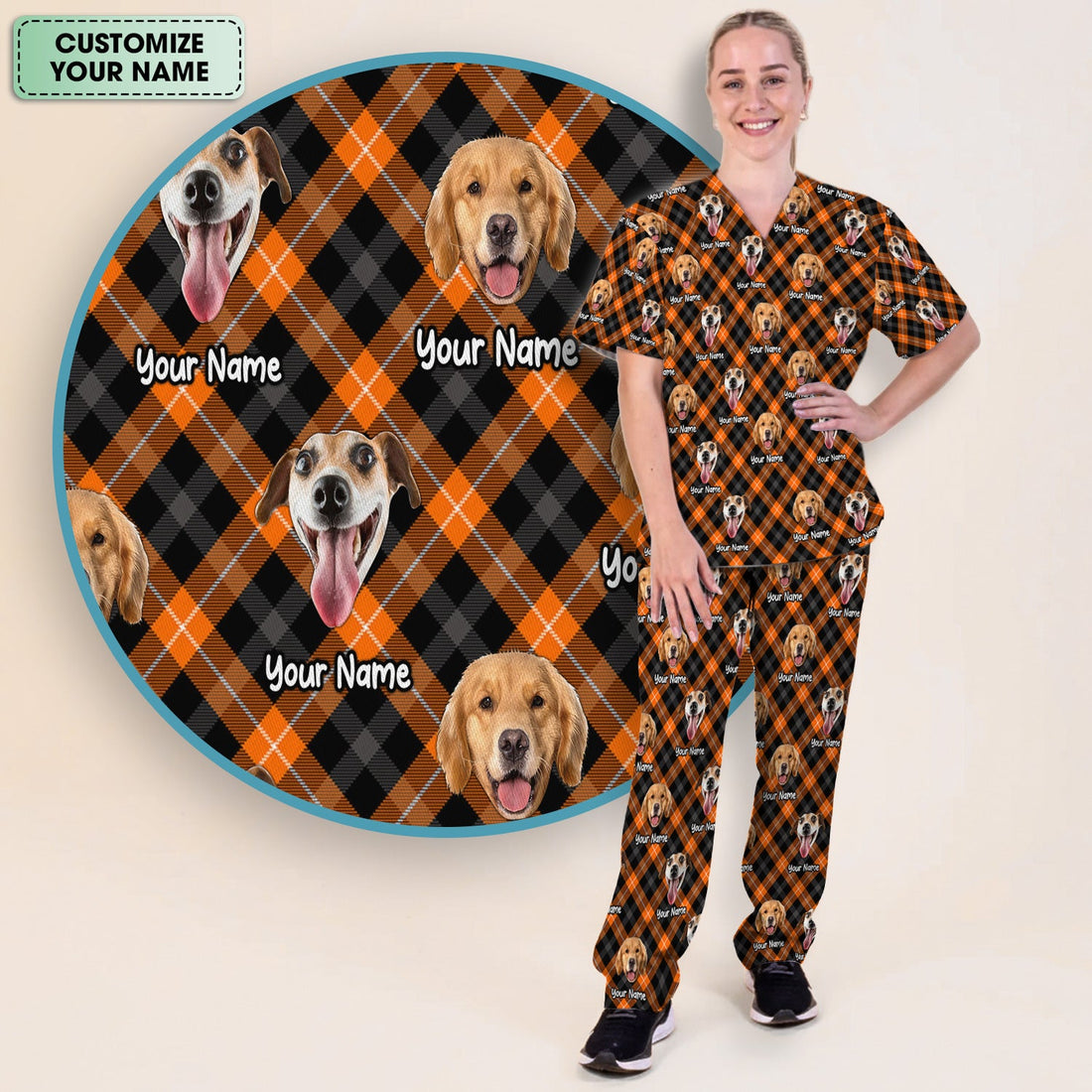 Personalized Halloween Dog Photo Plaid Scrub Set