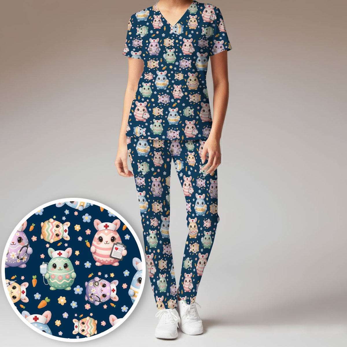 Bunny Pastel Floral Nurse Scrub Set