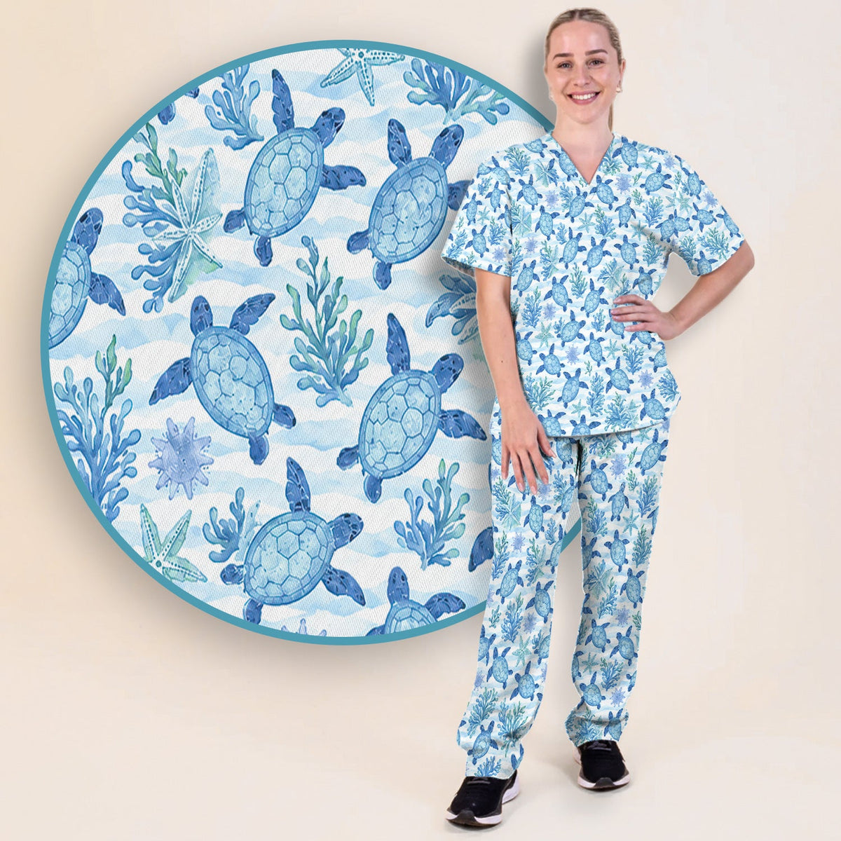 Coastal Sea Turtle Coral Nurse Scrub Set