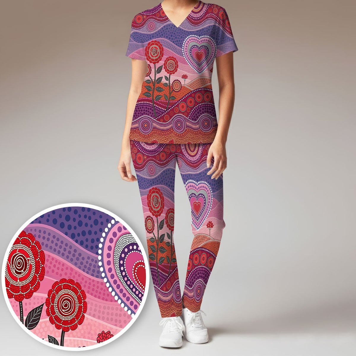Boho Dot Art Valentine Scrub Set, Artistic Heart Pattern Nurse Shirt, Comfortable Scrubs For Nursing