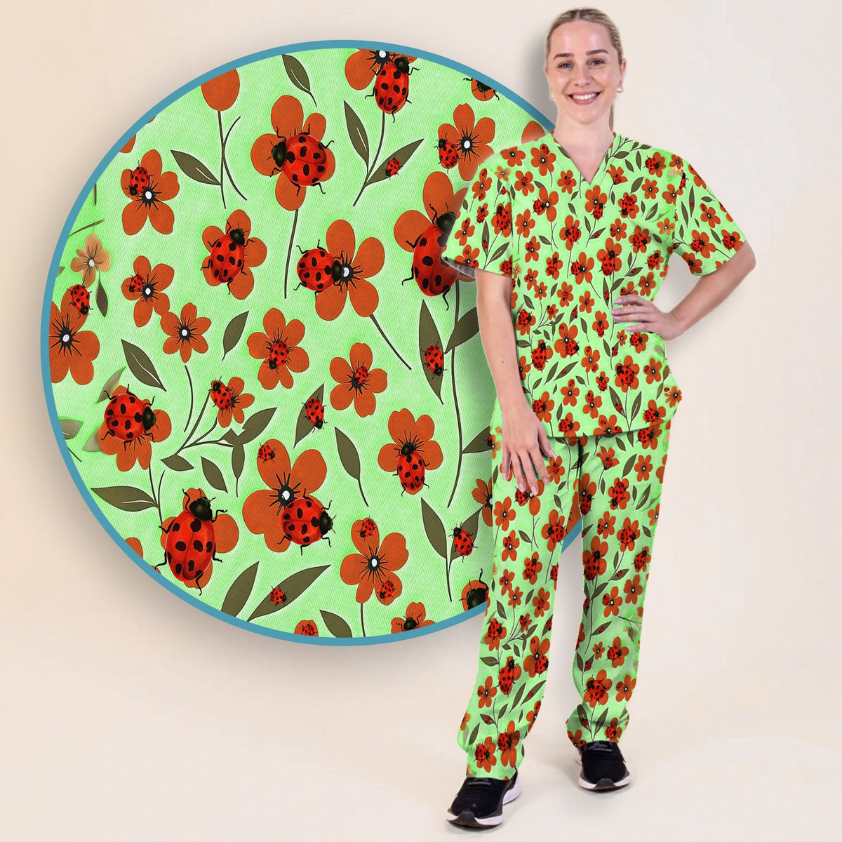 Ladybug Orange Floral Garden Nurse Scrub Set