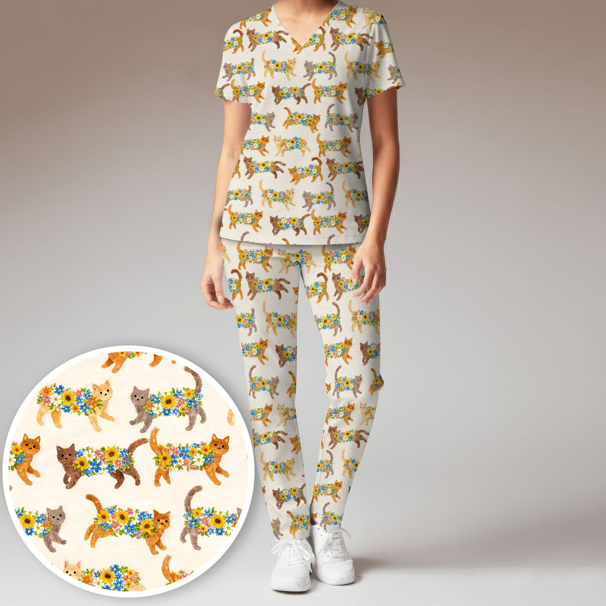 Flower Filled Cat Nurse Scrub Set