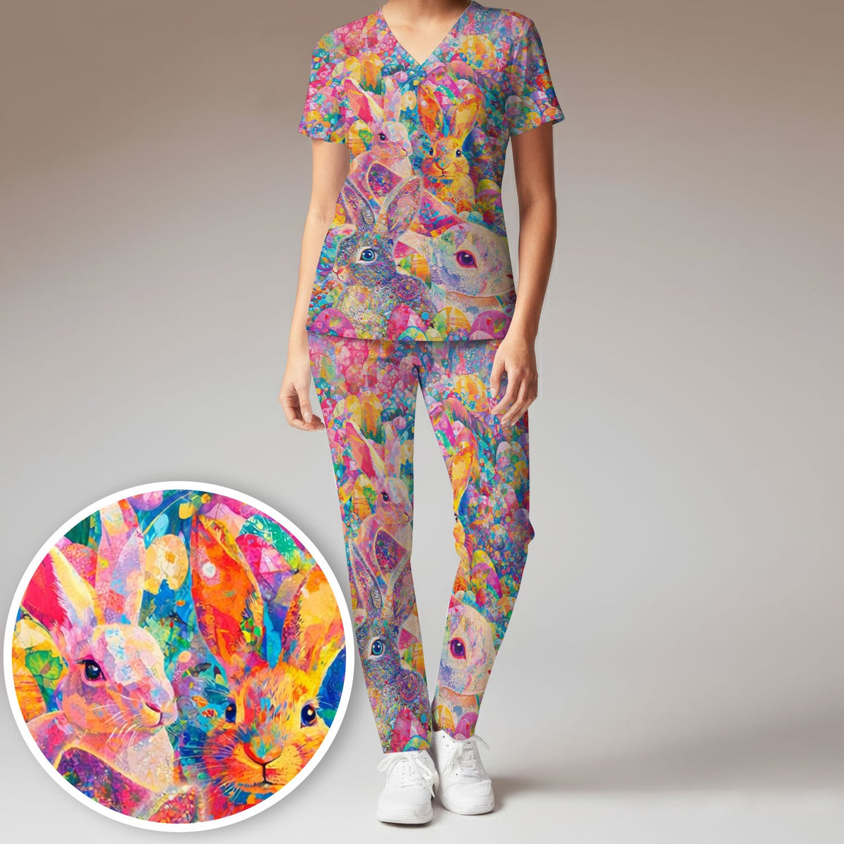 Colorful Artistic Bunny Nurse Scrub Set