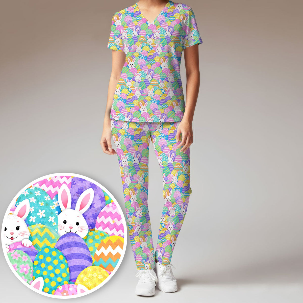 Bunny Colorful Egg Nurse Scrub Set - Easter Gift