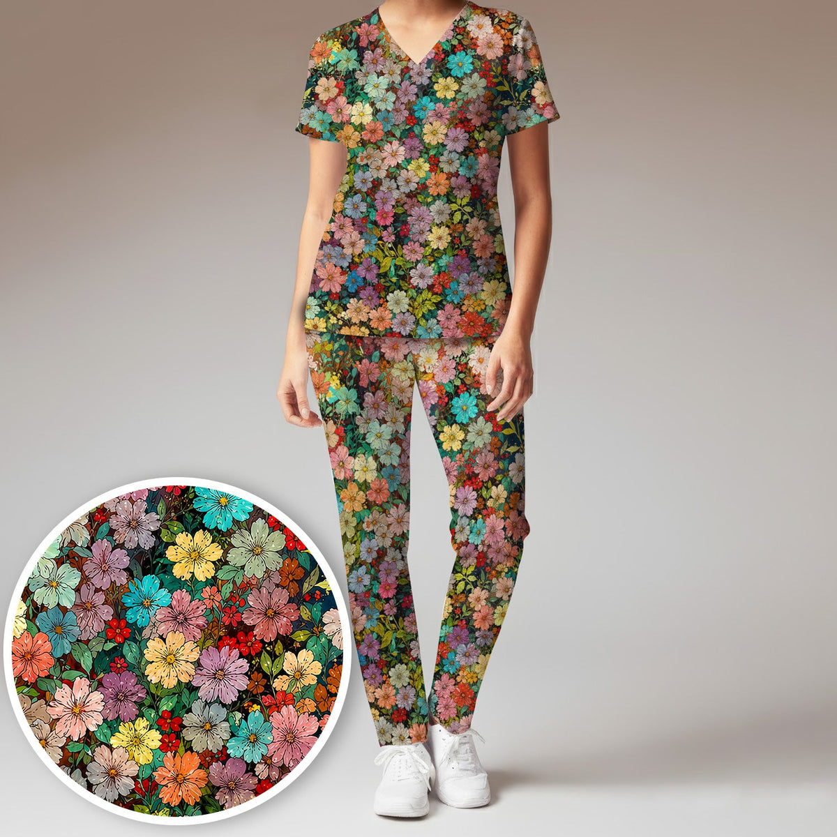 Colorful Wildflower Garden Bloom Pattern Nurse Scrub Set