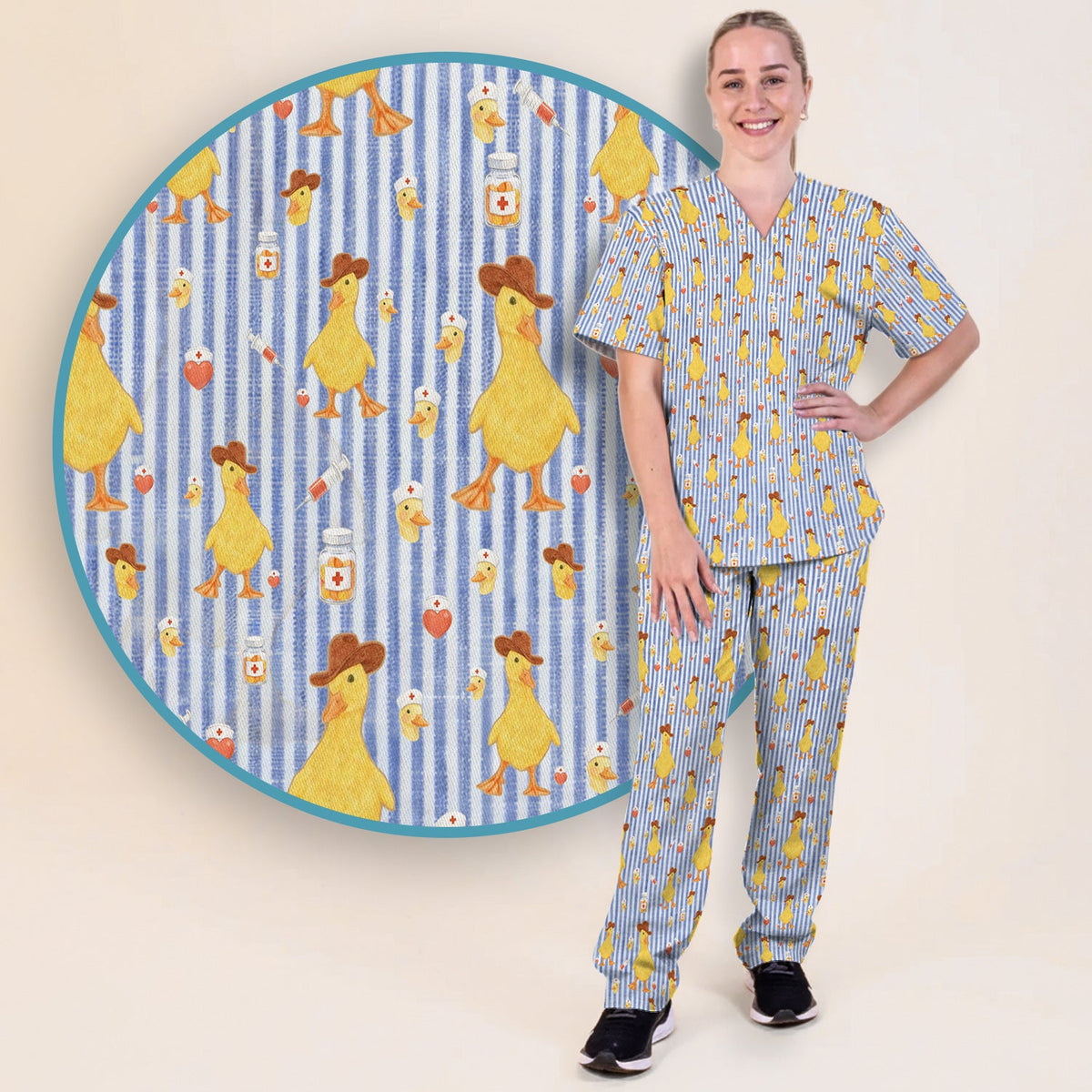 Cowboy Ducktor Vertical Stripe Nurse Scrub Set