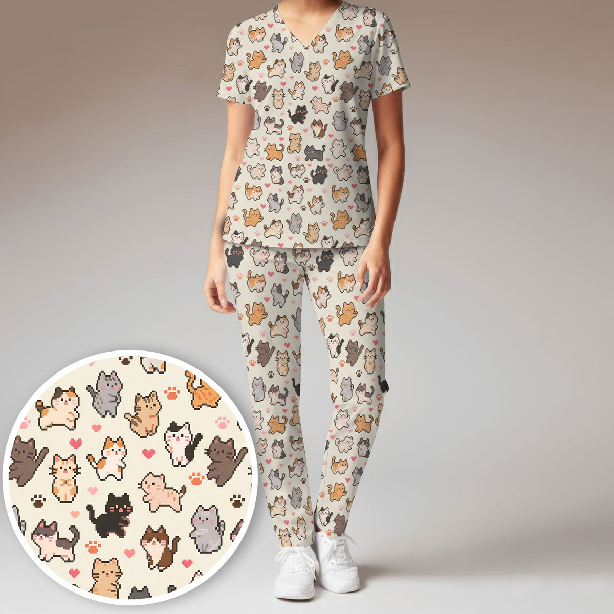 Pixel Cat Heart Paw Nurse Scrub Set