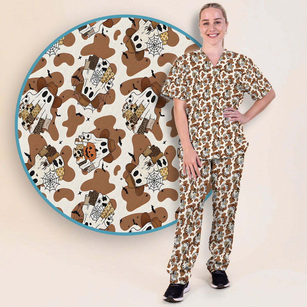 Cow Ghost Nurse Scrub Set - Halloween Gift