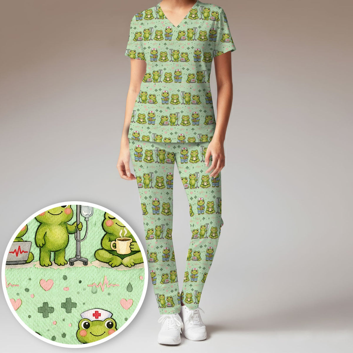 Adorable Frog Various Poses Nurse Scrub Set