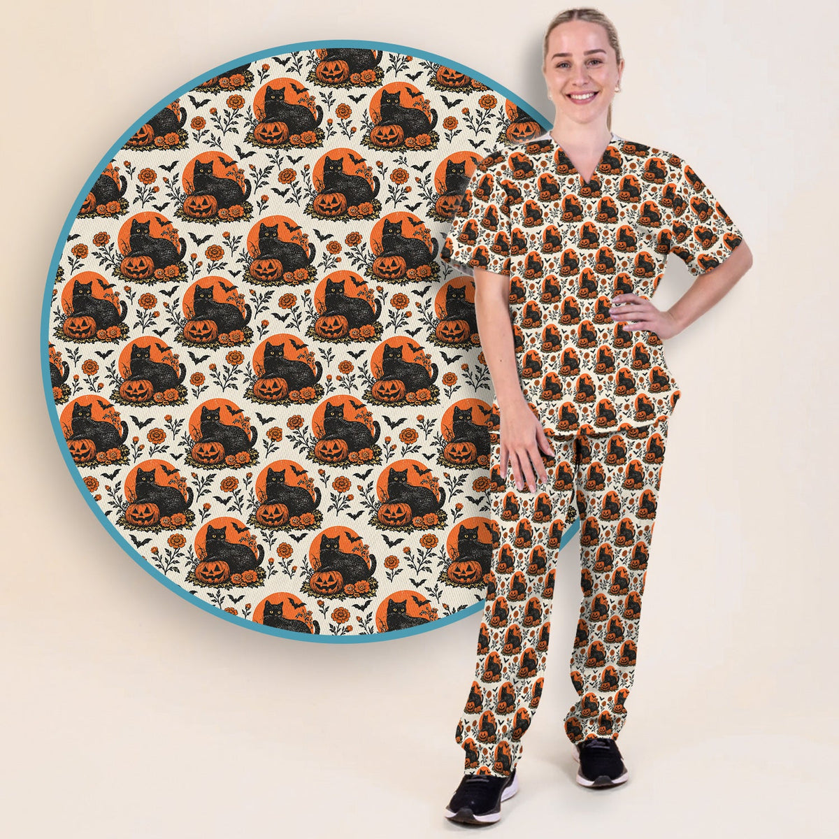 Black Cat Energy Nurse Scrub Set - Halloween Gift