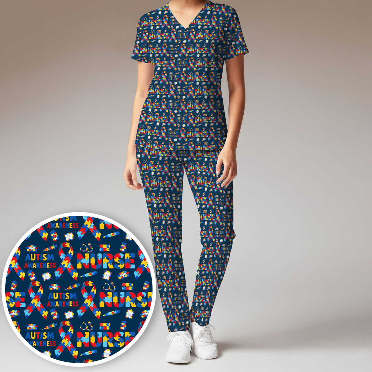 Autism Awareness Puzzle Ribbon Nurse Scrub Set