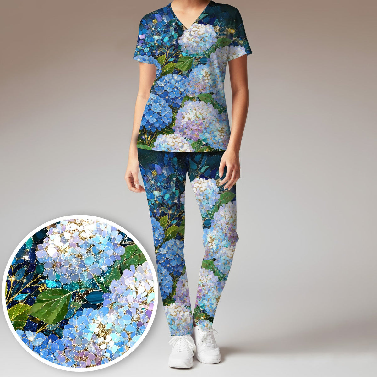 Blue Hydrangea Floral Nurse Scrub Set