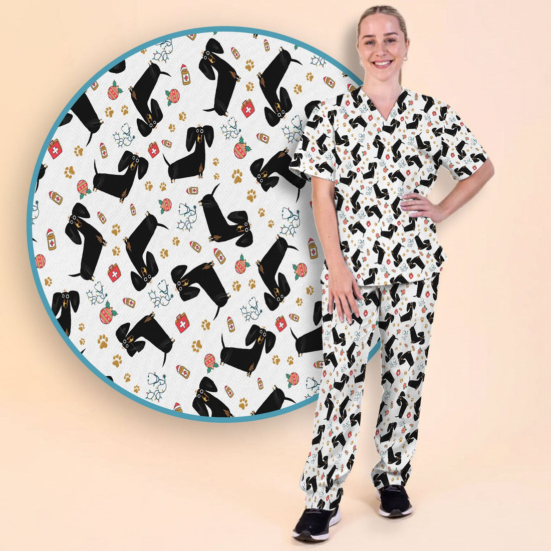 Black Dachshund Nurse Scrub Set - Gift For Dog Lover