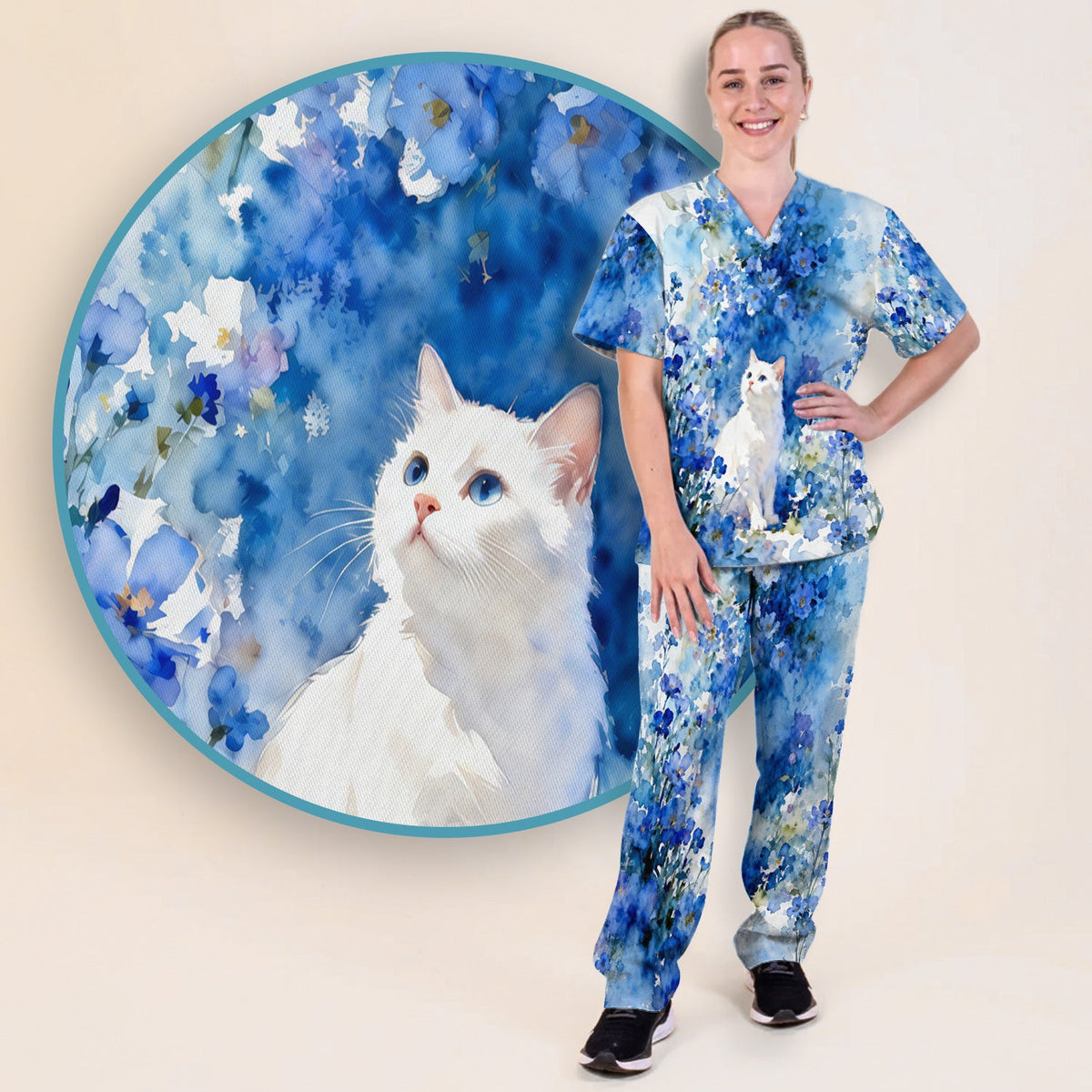 Adorable Blue Floral White Cat Nurse Scrub Set