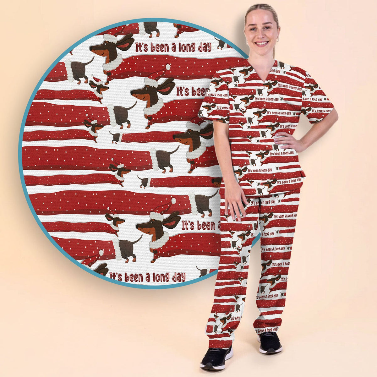 Funny Dachshund Christmas Scrub Set - It's Been a Long Day - Cute Wiener Dog Scrubs Pants and V Neck Top - Medical Uniform for Women
