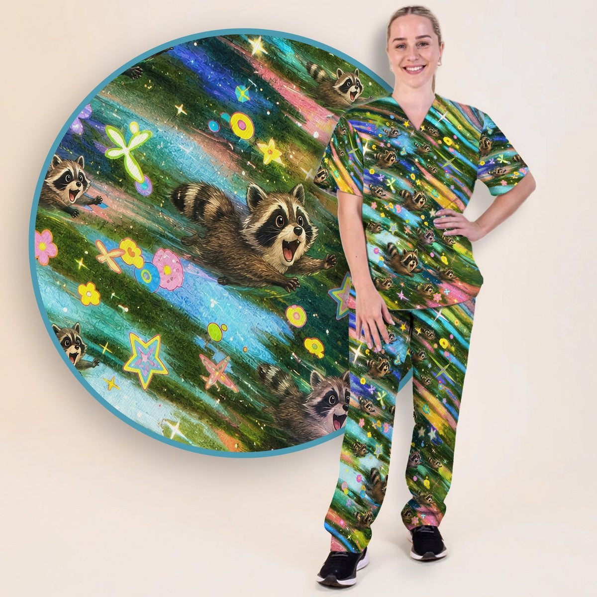 Raccoon Rainbow Dash Nurse Scrub Set