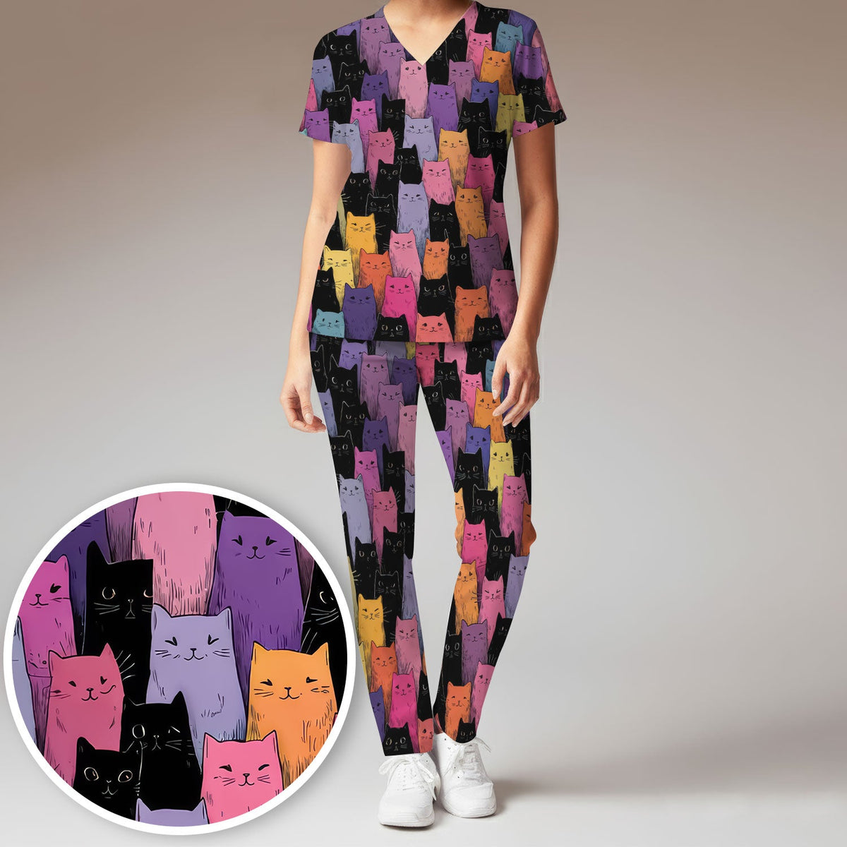 Colorful Cat Art Nurse Scrub Set