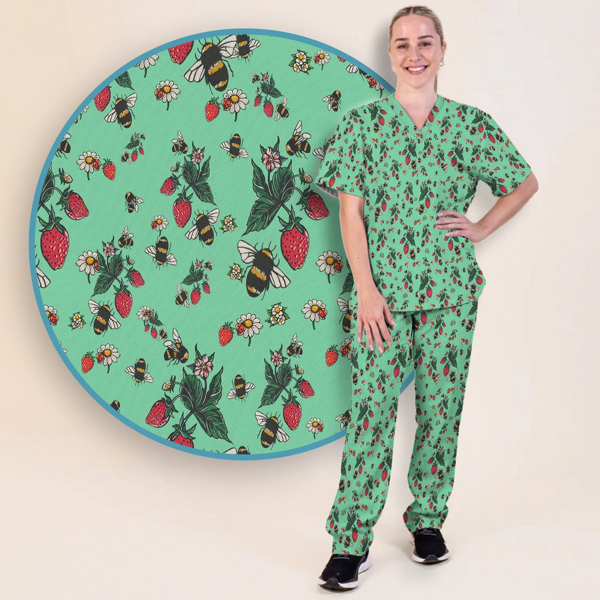 Strawberry Bee Daisy Nurse Scrub Set