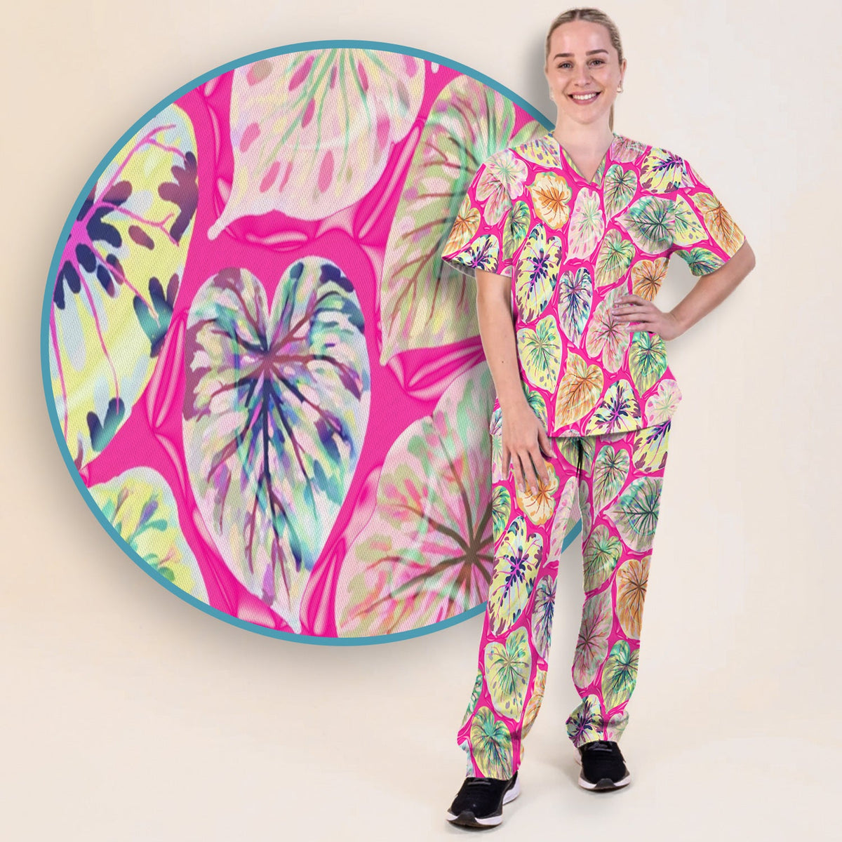 Tropical Colorful Leaf Nurse Scrub Set