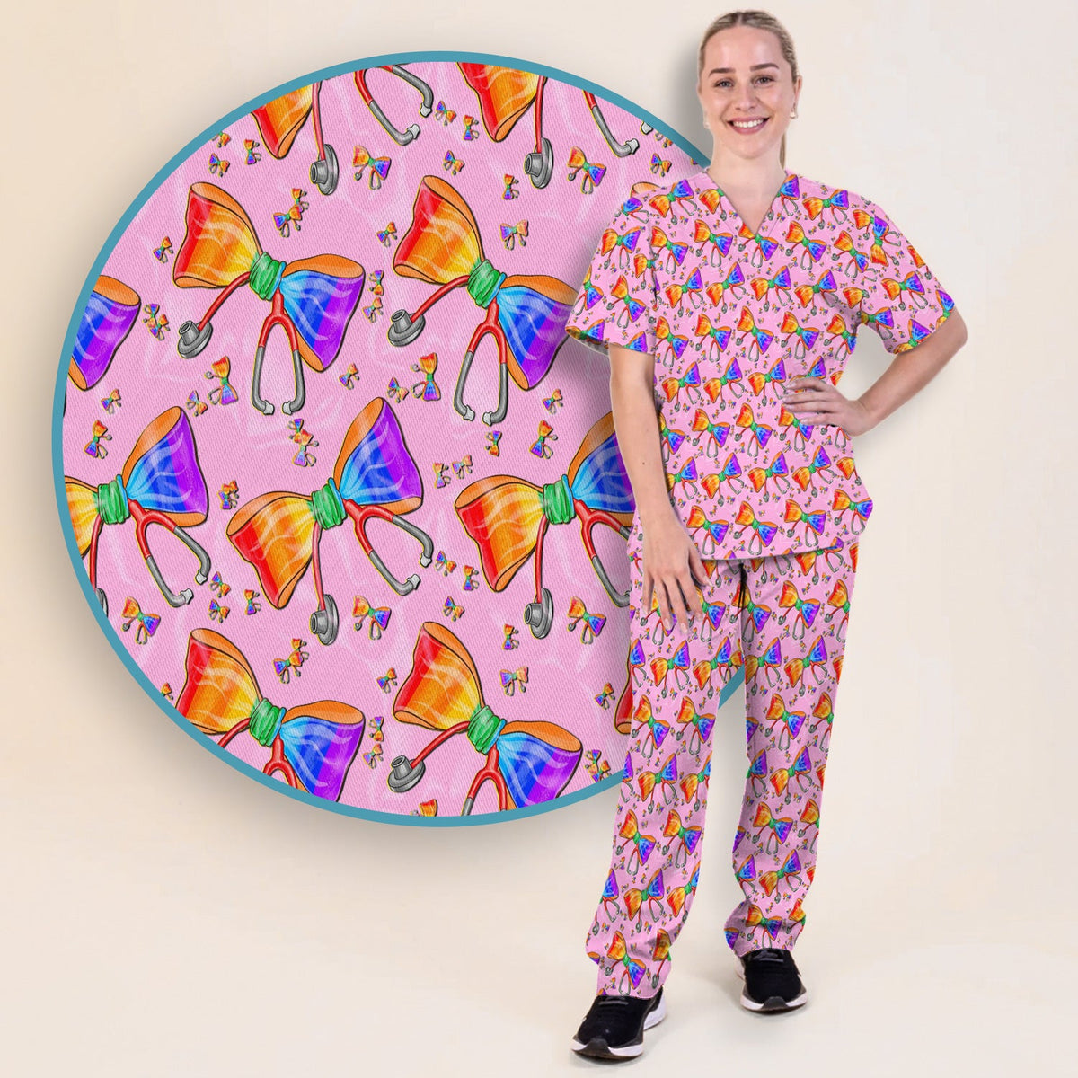 Colorful Rainbow Bow Stethoscope Nurse Scrub Set