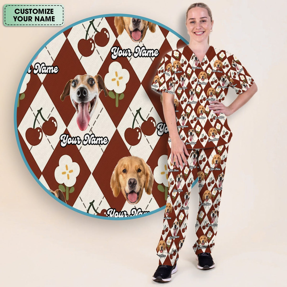 Dog Face Cherry Argyle Nurse Scrub Set