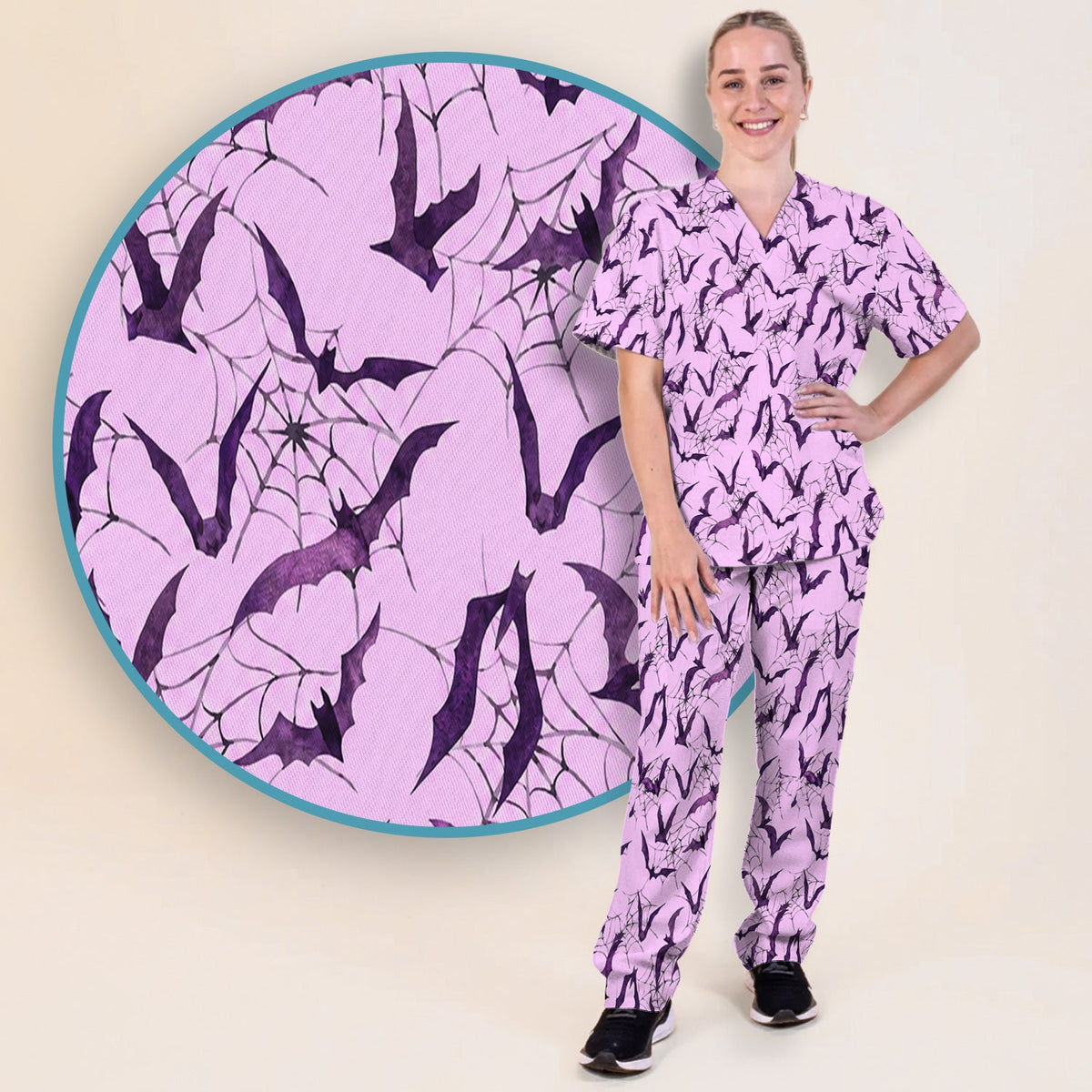 Bat with Spider Web Nurse Scrub Set - Halloween Gift