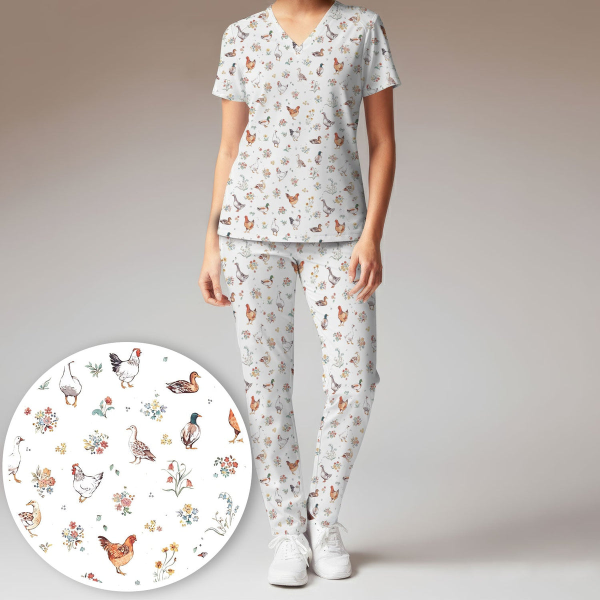 Farm Chicken Duck Floral Nurse Scrub Set