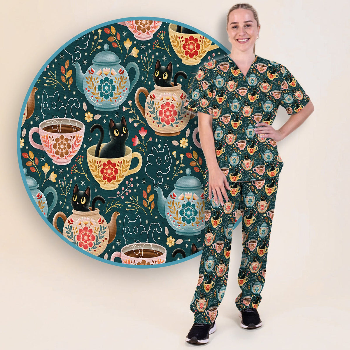 Black Cat Tea Party Veterinary Nurse Scrub Set