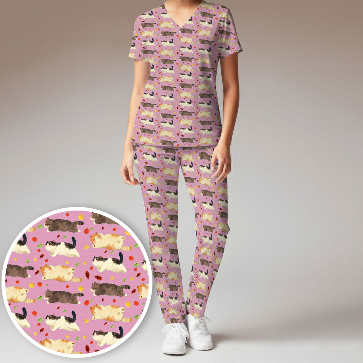 Chubby Cat Autumn Leaves Nurse Scrub Set