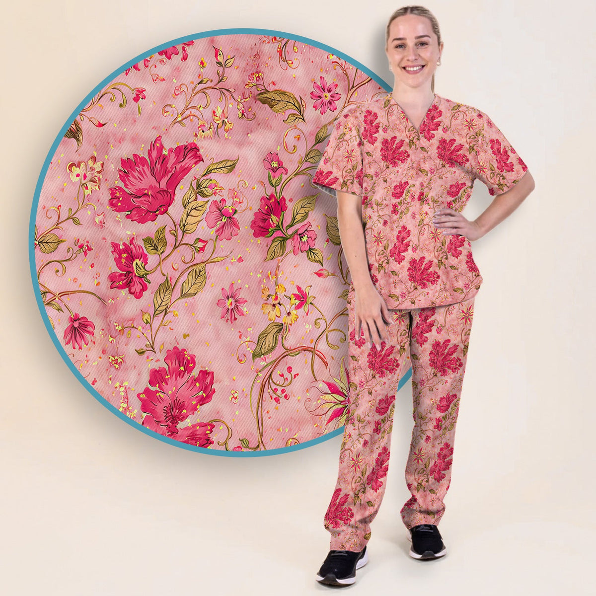 Elegant Pink Floral Vine Nurse Scrub Set