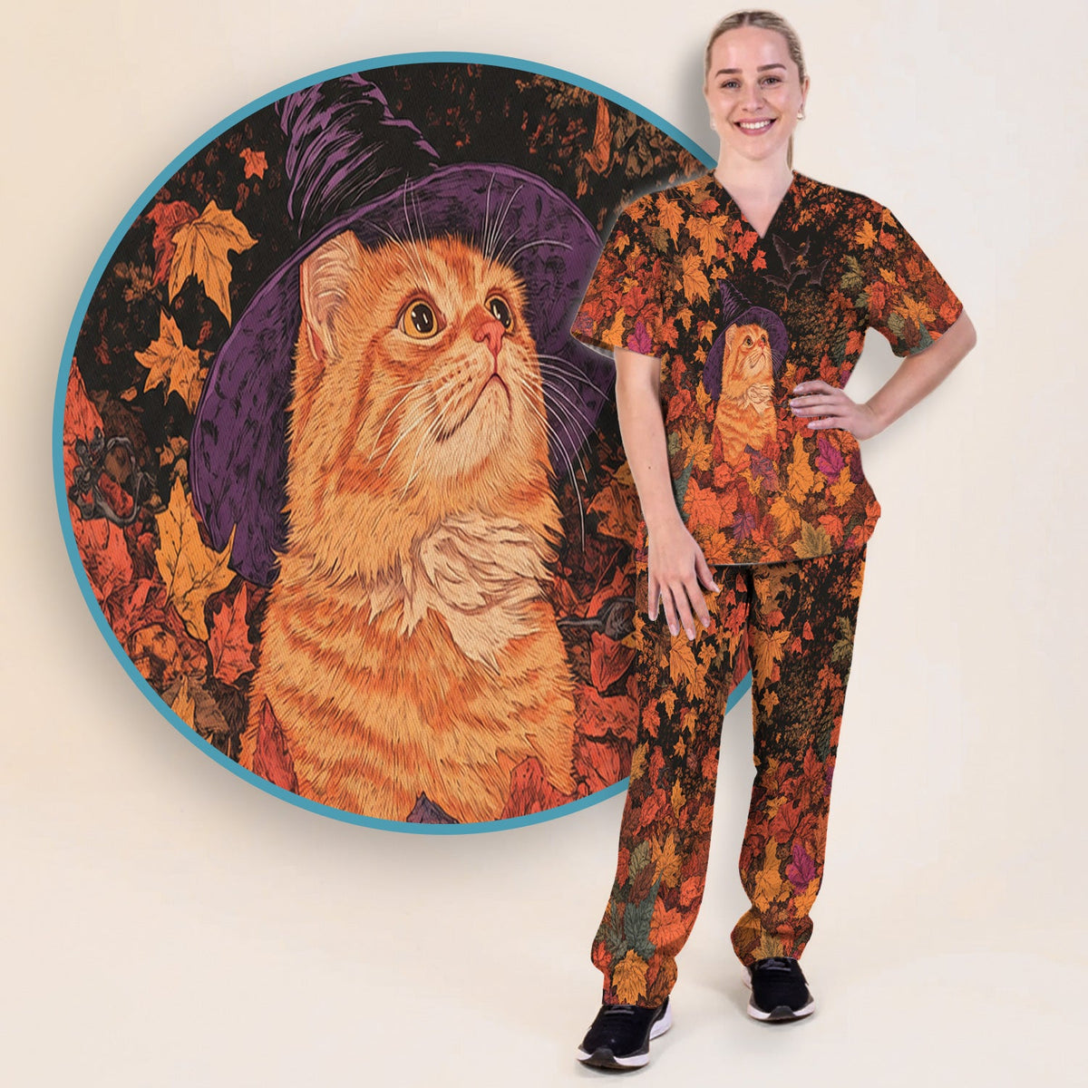 Autumn Cat Fall Leaves Nurse Scrub Set