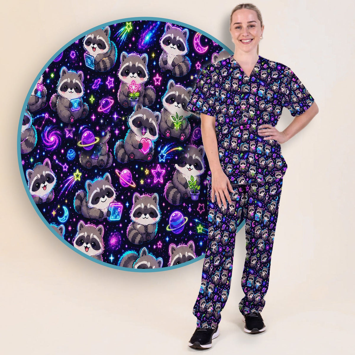 Neon Galaxy Raccoon Space Nurse Scrub Set