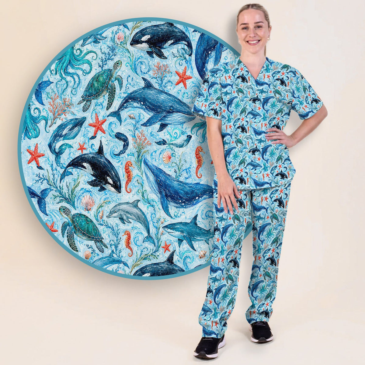 Watercolor Ocean Wildlife Scene Nurse Scrub Set