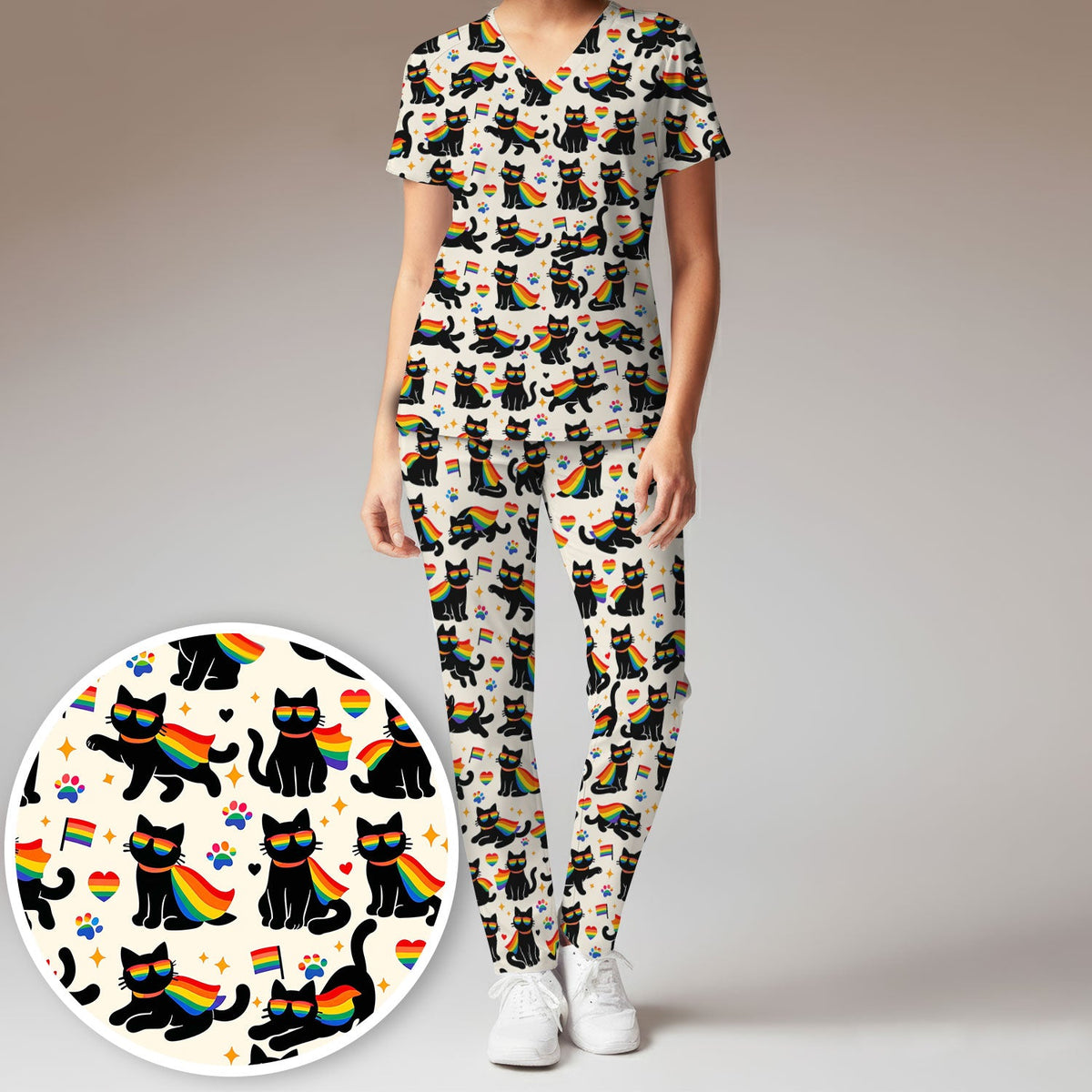 Rainbow Black Cat Pride Pattern Scrub Set, Breathable Med Uniform